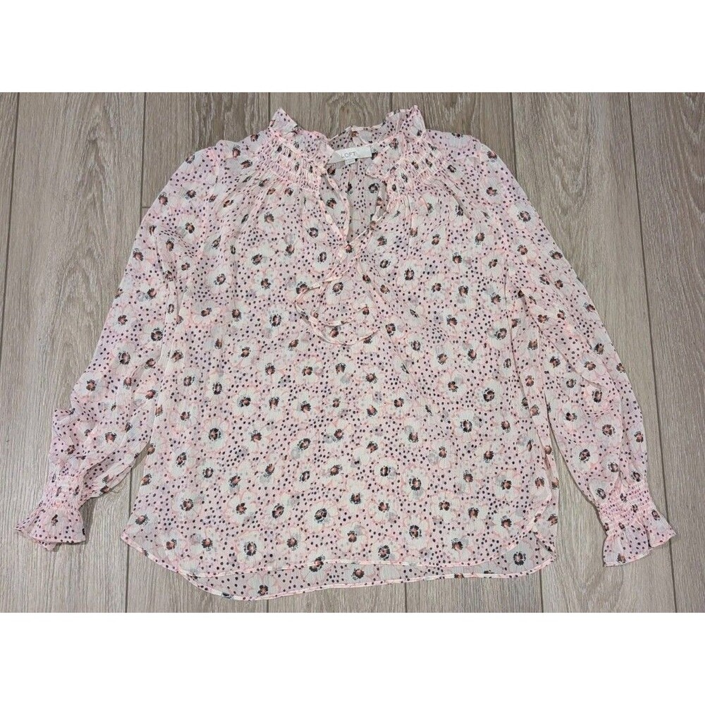 LOFT Womens Large Pink Floral Polka Dot Ruffle V-Neck Smocked Cuff Sheer Blouse